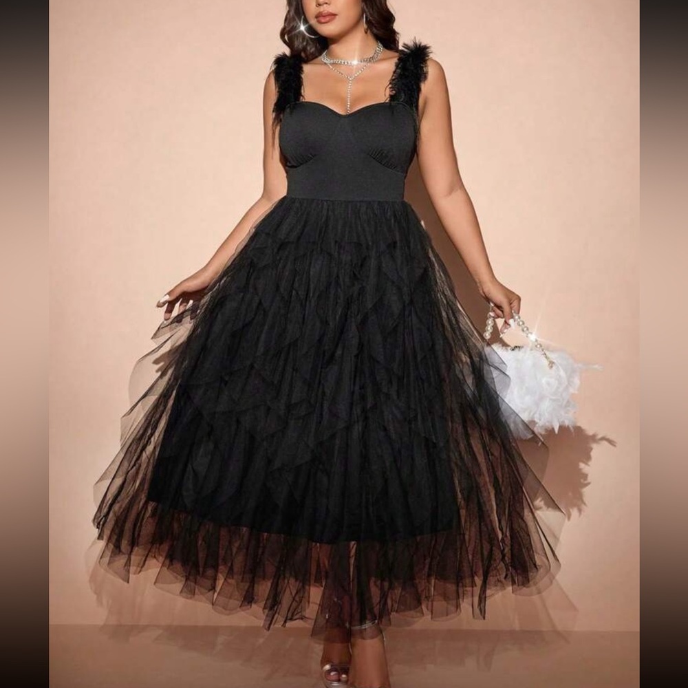 Chic Black Tulle Midi Dress